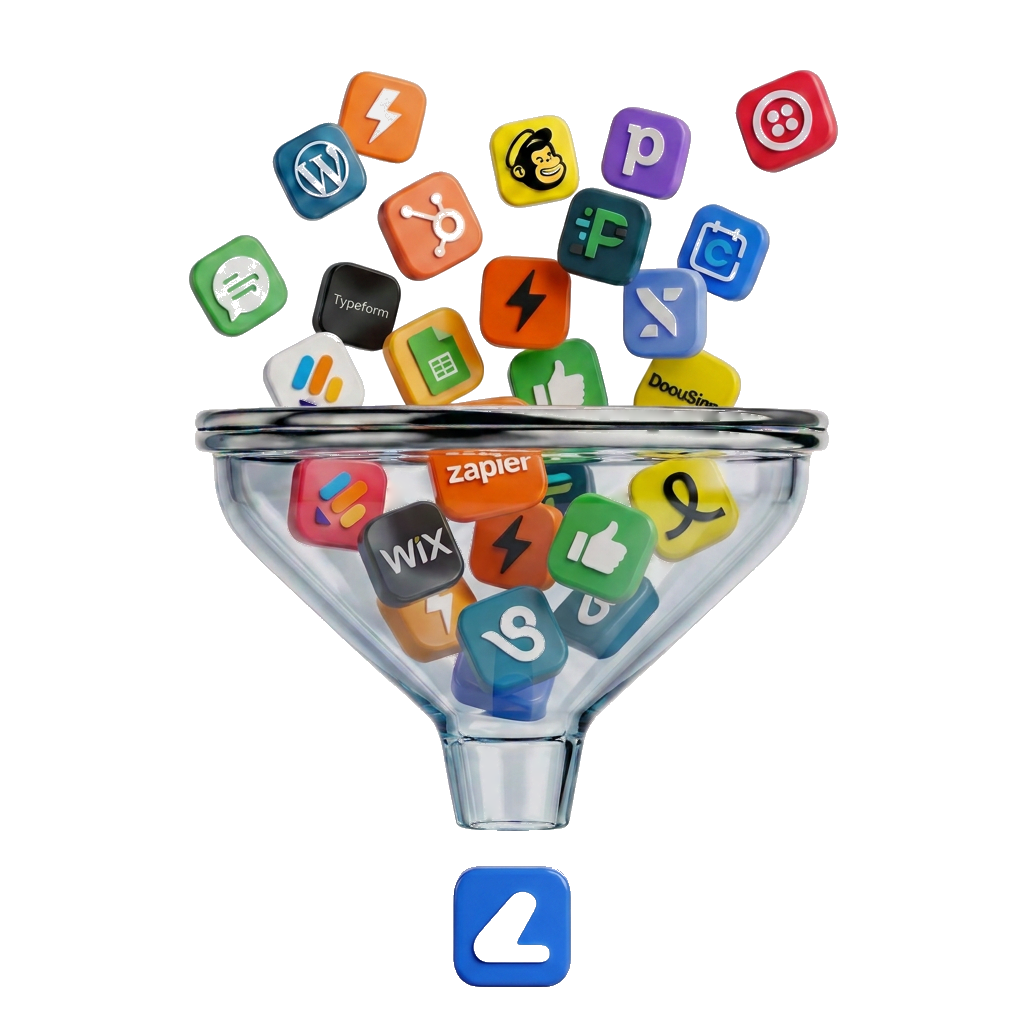 Sixteen business apps funneling into one Zapla system